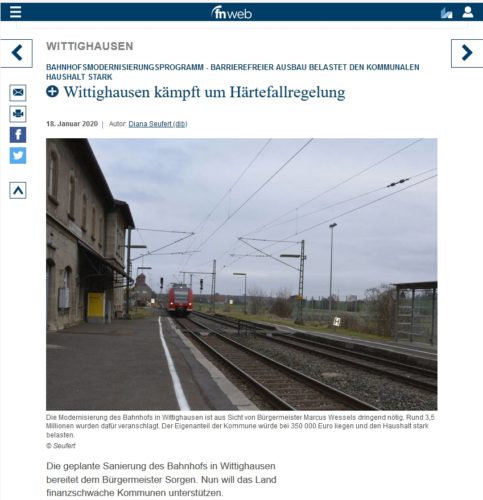 Bildschirmkopie Fränkische Nachrichten 2000-01-20 mit dem Artikel zum Bahnhofmodernisierungsprogramm